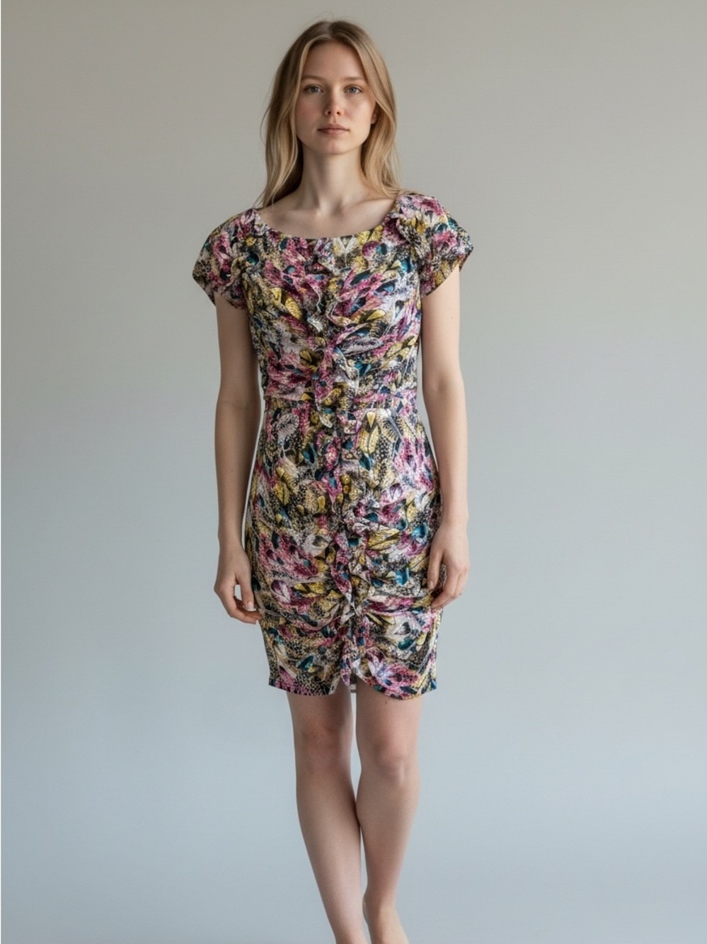 leifsdottir Pink and Yellow Floral Ruched Mini Dress